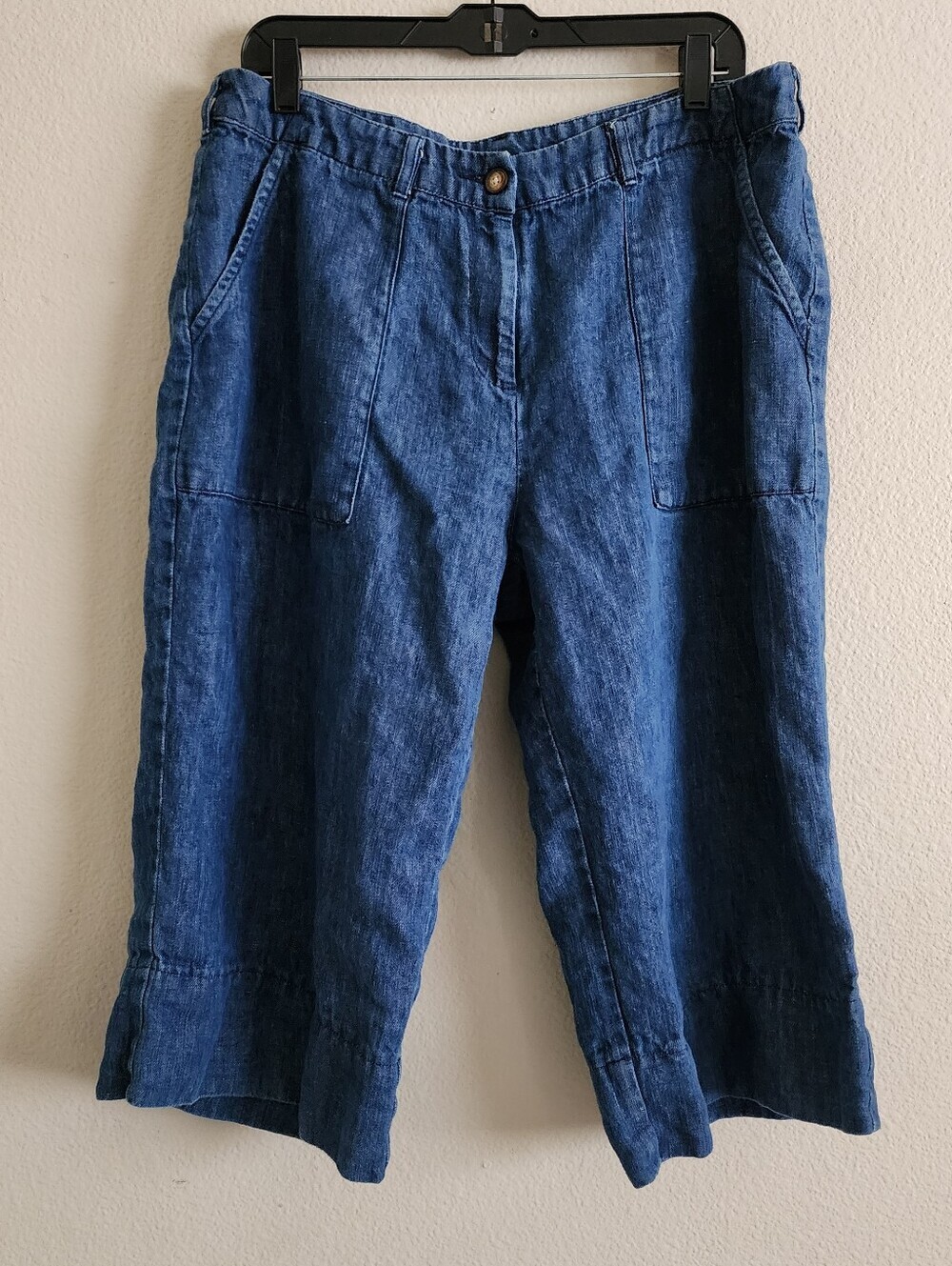 Poetry 100% Linen Cropped Tapered Trousers US 14 Blue Minimalist Lagenlook